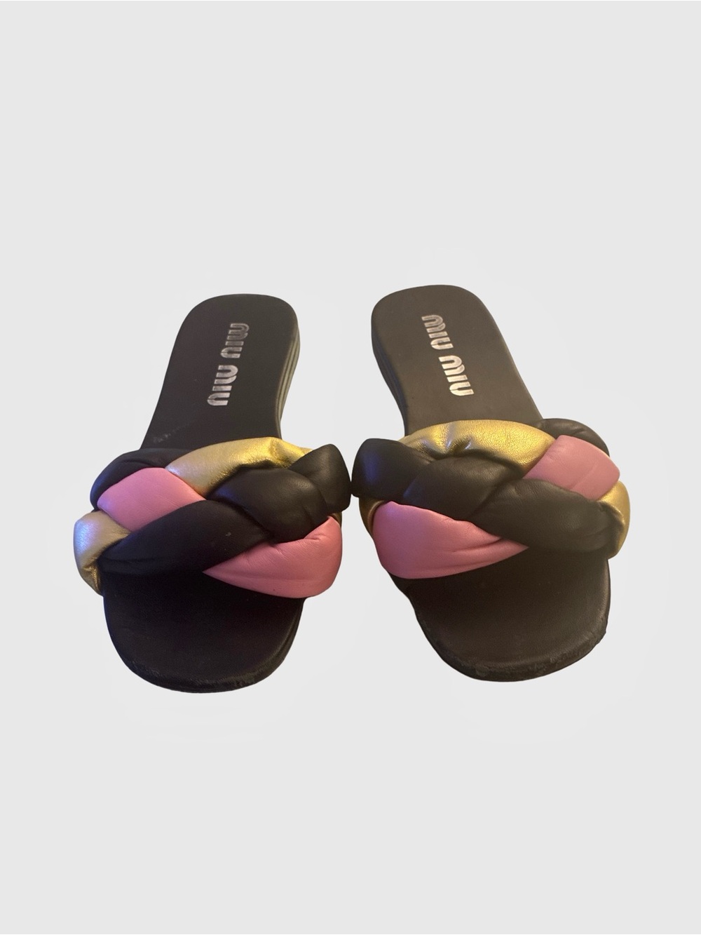 Miu Miu Black Pink Gold Braided Slide Sandals
